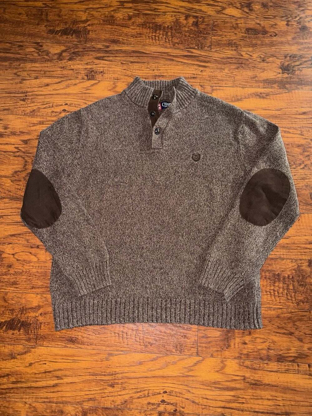 Chaps Brown Heather Mock Neck Quarter Button Knit Sweater with Elbow Patches Siz